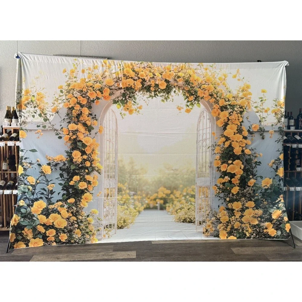 Kate Yellow Flower Arch Gate Fleece Backdrop 12x8 Wedding Photo Booth Background